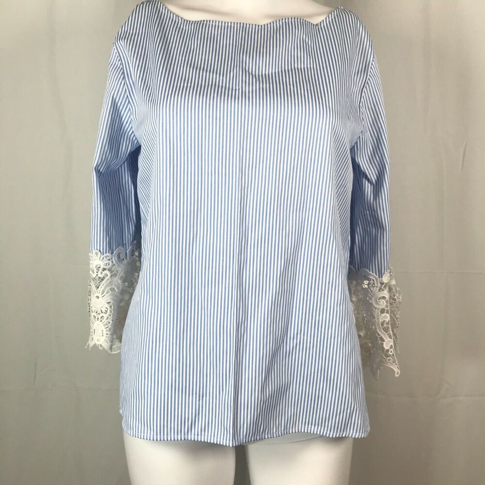 Romeo+Juliet Shirt Womens Sz S Couture Blue‎ White Striped Lace Cuff Cotton Boxy